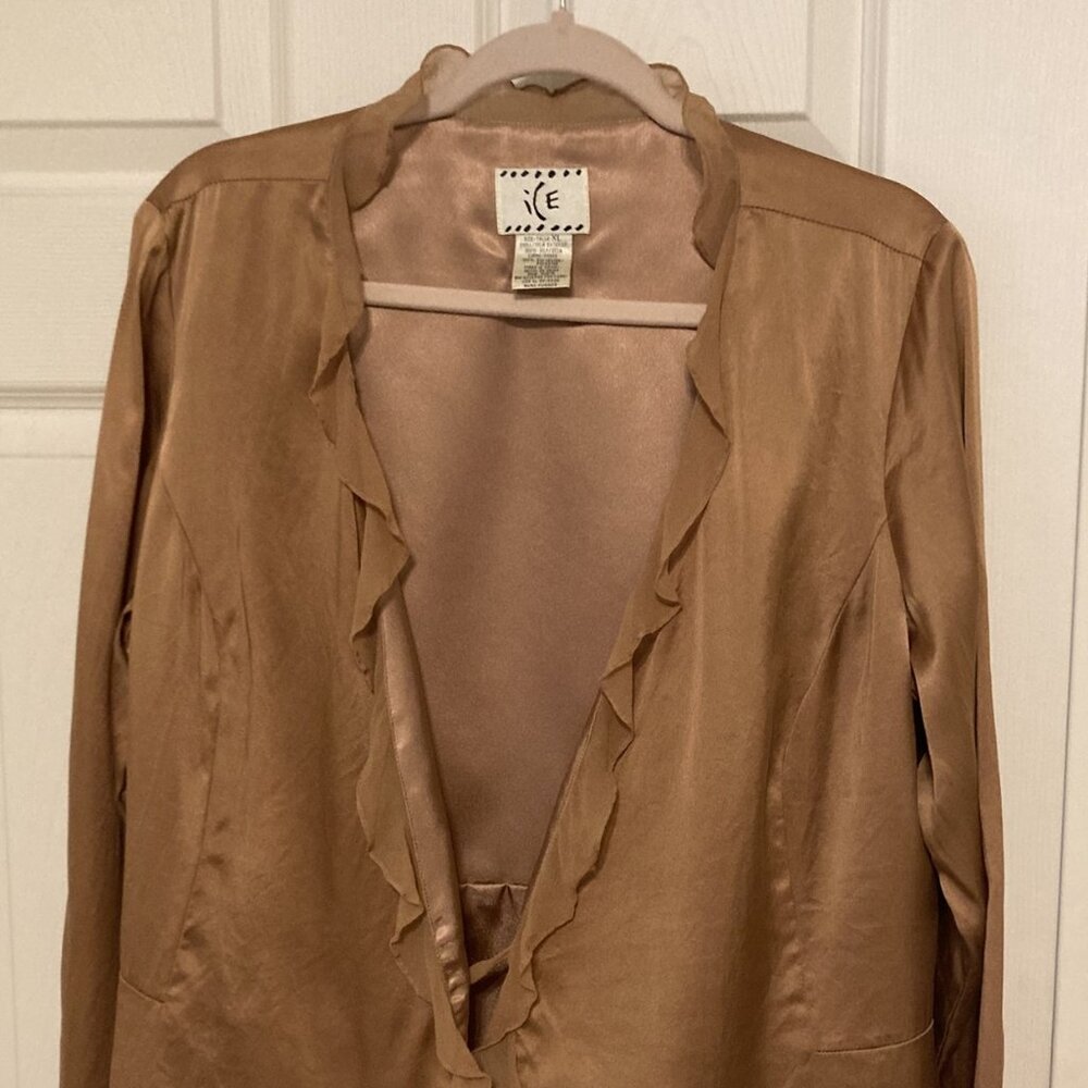 Vintage Ice 100% Silk Gold Ruffled Cardigan Blouse XL